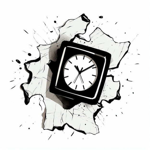 Abstract Clock Dripping From Broken Walls Monochrome Ink Style