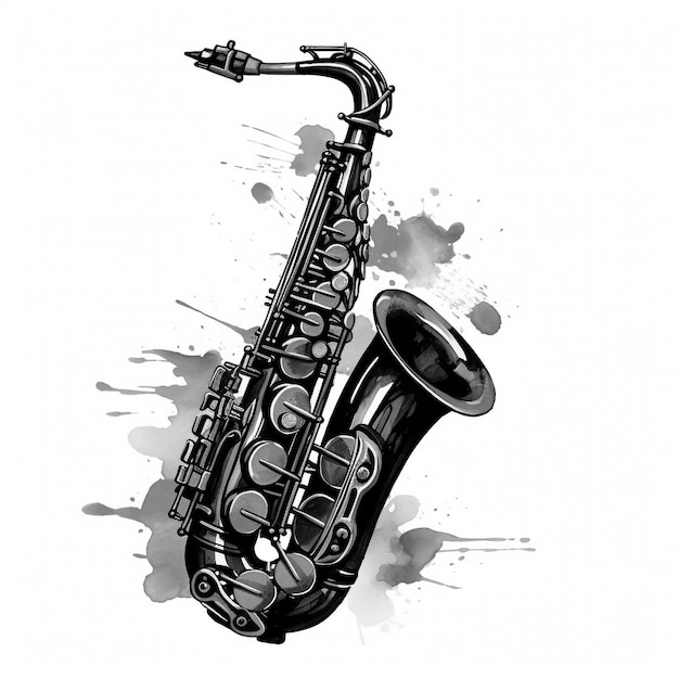 Photo abstract close up of black saxophone in aquarelle style watercolor illustration isolated on white background