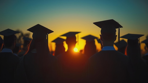 概要 シルエットの夕暮れの大学卒業生の後ろから見たグループ