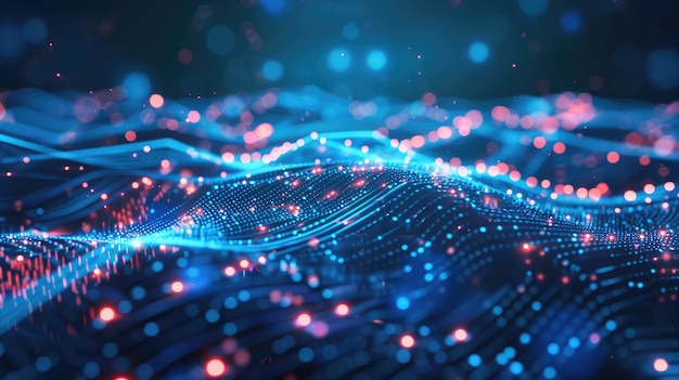 Photo abstract closeup of blue fiber optic strands with sparkling bokeh and light effects depicting data transmission