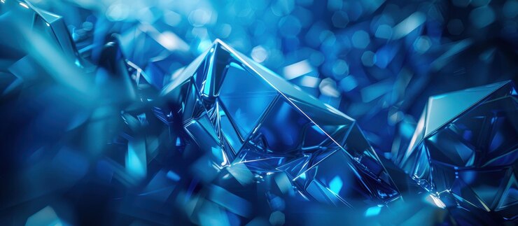 抽象 現代的で未来的なデザインに最適なボケ背景の青い幾何学的結晶形のクローズアップ