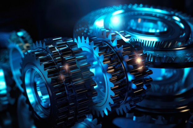 Abstract closeup of intertwined steel gear wheels illuminated by a soft blue light