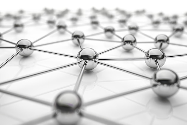 abstract closeup of a network of interconnected shiny metal spheres on a reflective surface symboliz
