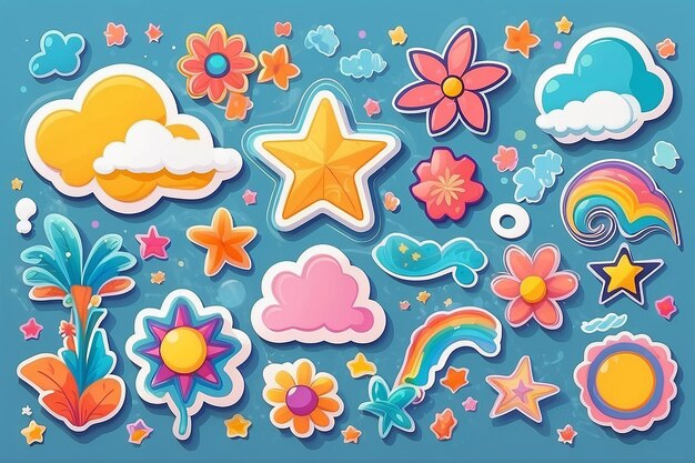 Abstract cloud and flower shapes sticker pack Groovy funky flower bubble star loop waves in trendy retro 90s 00s cartoon style