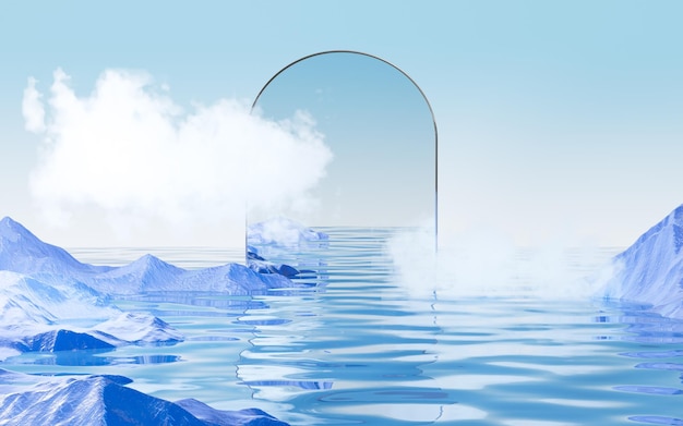 Abstract cloud and geometric frame on the water surface 3d rendering