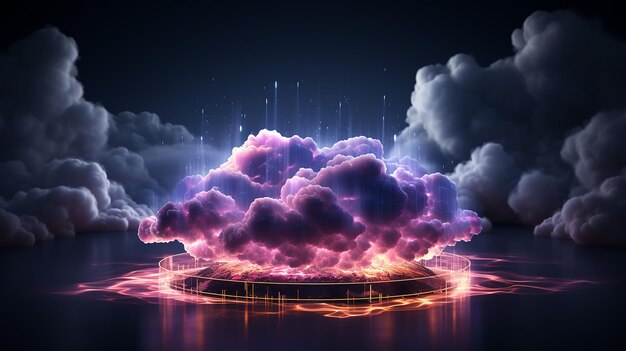 Abstract cloud illuminated with neon light ring generative ai