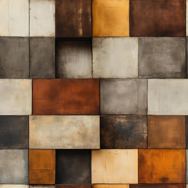 コンクリートの壁にタイルで覆われた茶色とオレンジ色のブロックの抽象的なコラージュ