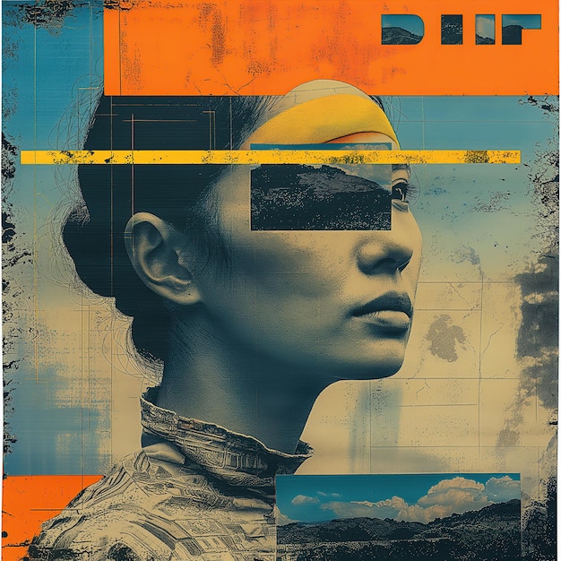 Abstract Collage of girl with Blurred Rectangle Side Profile and Scenic Imagery