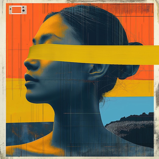 Abstract Collage of girl with Blurred Rectangle Side Profile and Scenic Imagery