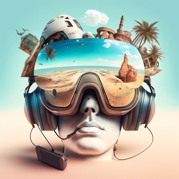 Abstract collage travel the world with a virtual reality helmet