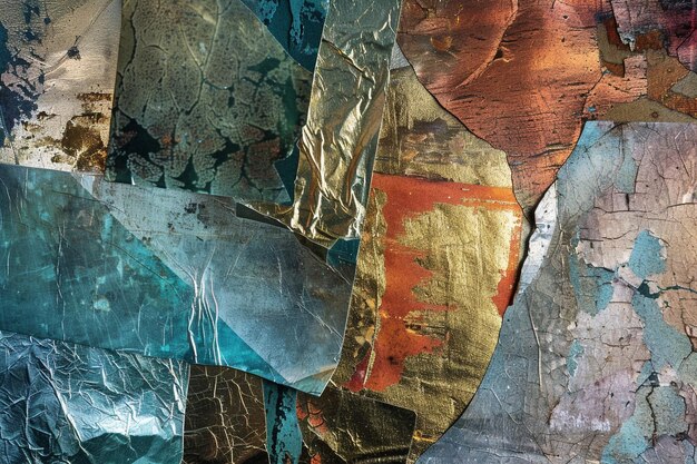 Photo abstract collage with metallic foil pieces various textures contrasting colors