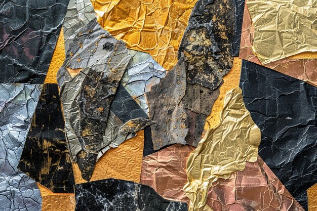 Photo abstract collage with metallic foil pieces various textures contrasting colors