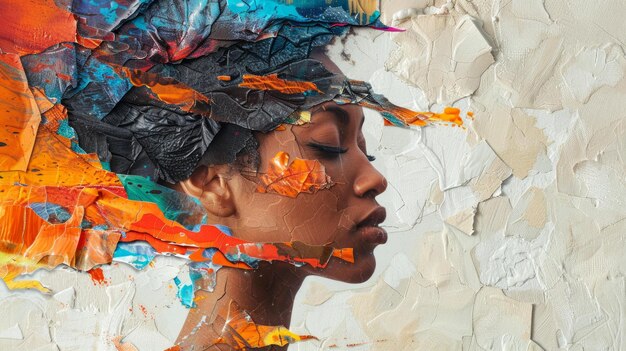 여성의 추상적인 콜라지는 다채롭고 질감있는 예술적 탐구 AI 생성