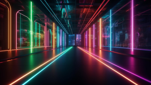 абстрактный цветной неоновый свет пешеходная дорожка в темном туннеле с городом на заднем плане генеративный искусственный интеллект