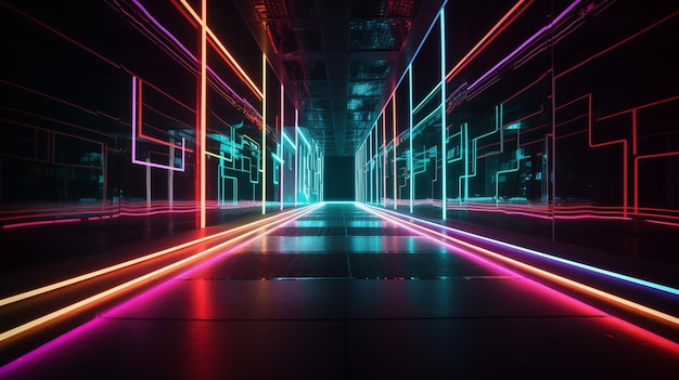 abstract color neon light footpath on a dark tunnel with a city in the background generative ai