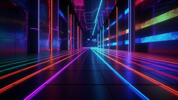 背景に都市がある暗いトンネル上の抽象的な色のネオン光の歩道生成AI