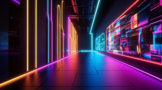 abstract color neon light footpath on a dark tunnel with a city in the background generative ai