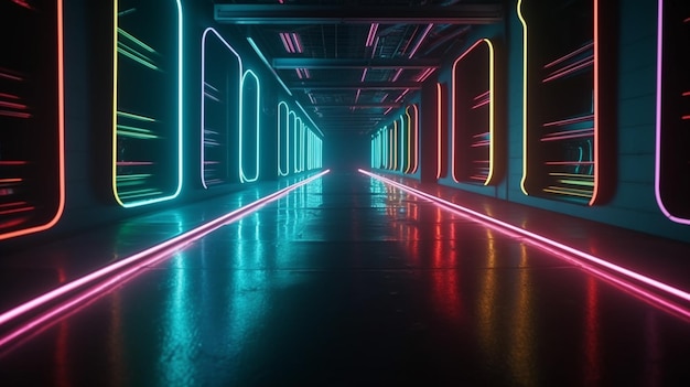 abstract color neon light footpath on a dark tunnel with a city in the background generative ai