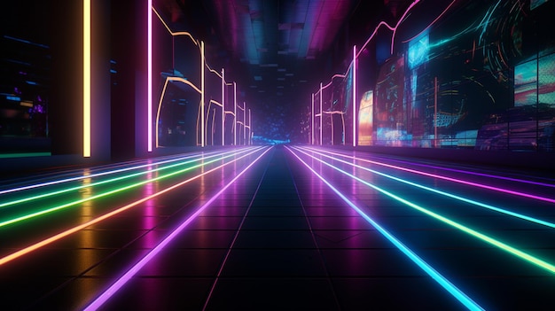 abstract color neon light footpath on a dark tunnel with a city in the background generative ai