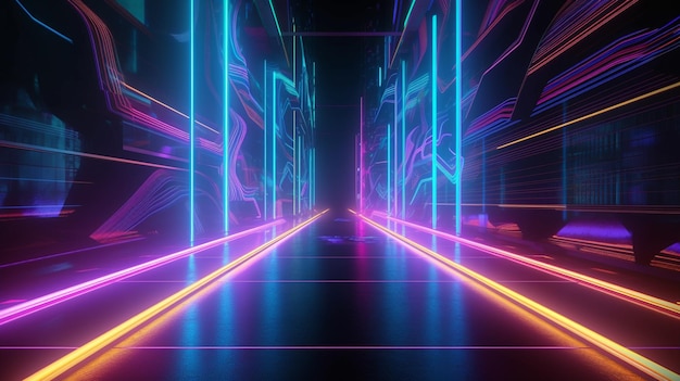 abstract color neon light footpath on a dark tunnel with a city in the background generative ai