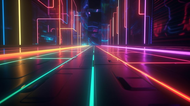 abstract color neon light footpath on a dark tunnel with a city in the background generative ai