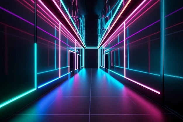 Abstract color neon light footpath direction in perspective in the futuristic city background Generative AI