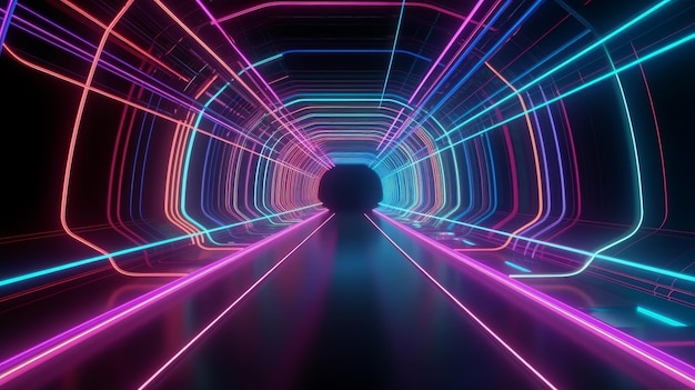 Abstract color neon light footpath direction in perspective in the futuristic city