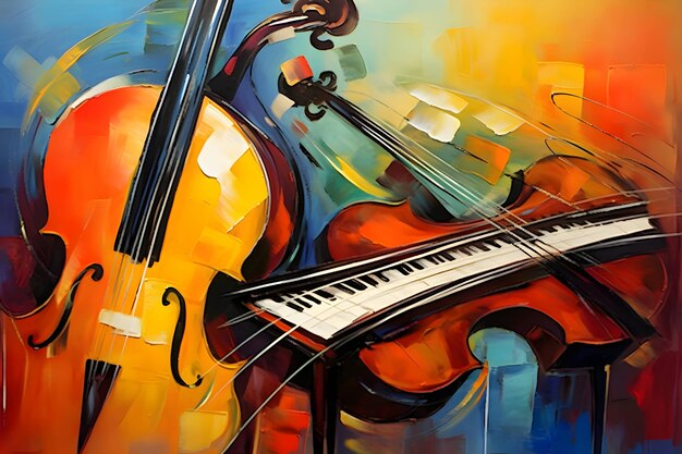 Photo abstract color painting of violin and fiddle on canvas background