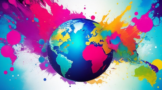 Photo abstract colorful background with blue globe and colorful grunge splashes