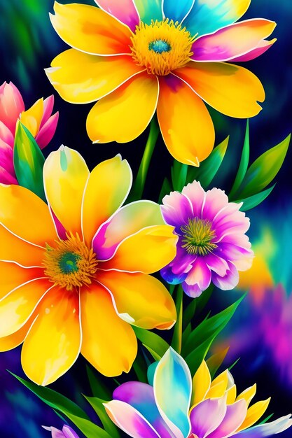 Abstract colorful background with flowers yellow teal pink petals