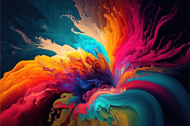 Абстрактные красочные яркие яркие цвета жидкая акриловая краска движения потока на черном фоне с завихрениями и взрывами краски и капли Бизнес фон шаблон