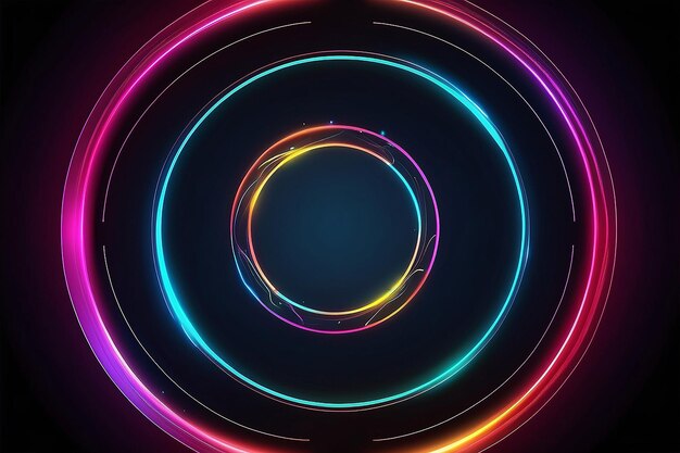 Photo abstract colorful circles and light effects form background with a glowing neon line ring frame on a