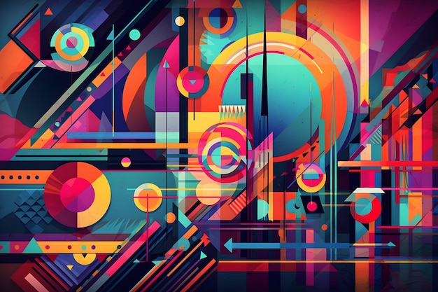 Abstract and colorful composition of geometric shapes in a dynamic and visually striking way Colors should be bold and bright with a futuristic and vibrant feel Generative Ai