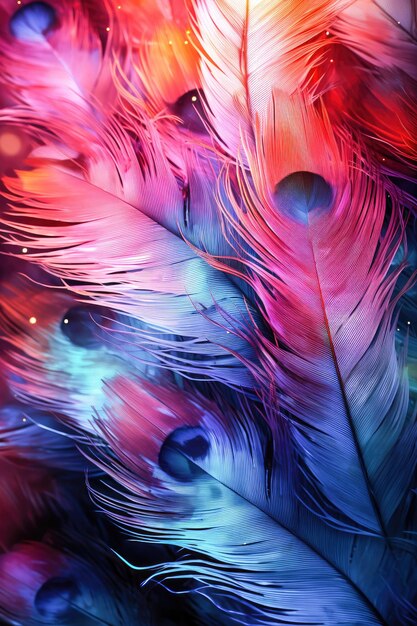 Photo abstract colorful feathers and sequins with blurred background