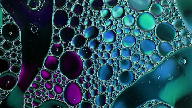 Abstract Colorful Food Oil Drops Bubbles and spheres Flowing on Water Surface macro Photography