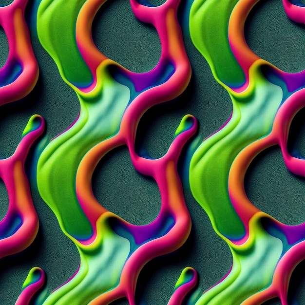 Abstract colorful funky surreal psychedelic dynamic liquid 3D forms substance seamless pattern