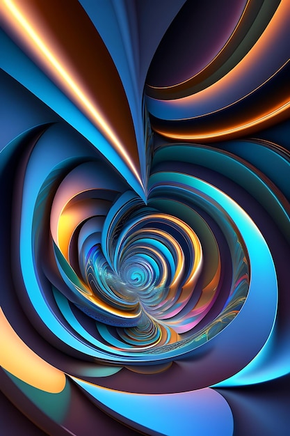 Abstract colorful glowing cyan and blue shapes form spiral fantasy fractal texture