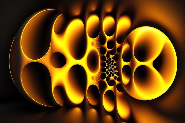 Abstract colorful glowing yellow fractal shapes on dark background Digital fractal art