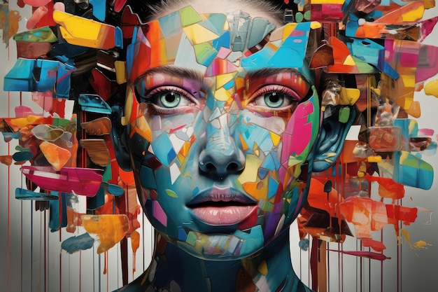 Abstract Colorful Graphic Collage Human Portraits Psychology Stress Schizophrenia Illustration