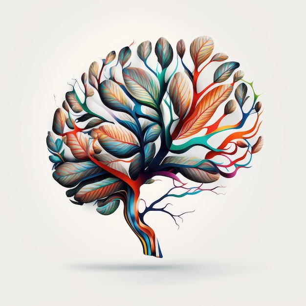Abstract and colorful human brain background in organic leave art generative ai