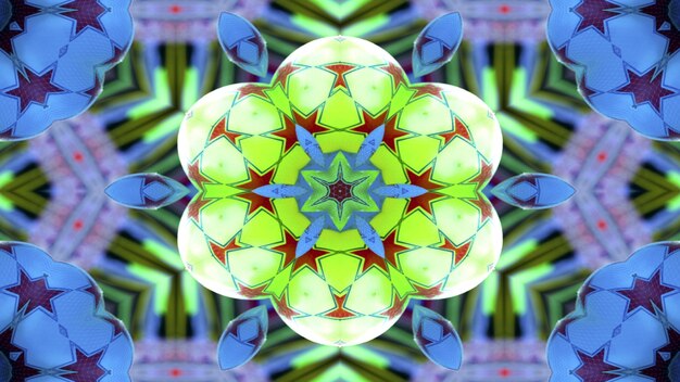 Foto abstract colorato ipnotico modello simmetrico ornamentale decorativo caleidoscopio movimento cerchio geometrico e forme stellari