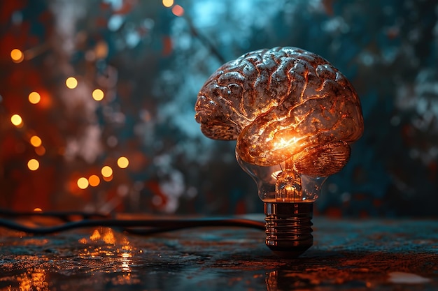 Abstract colorful image light bulb shape of human brain glowing against dark rough wall background