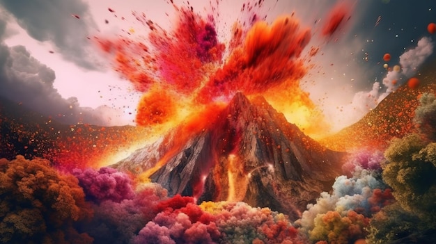 Абстрактный красочный пейзаж огромного взрыва вулкана извержение ярких цветов дыма и лавы