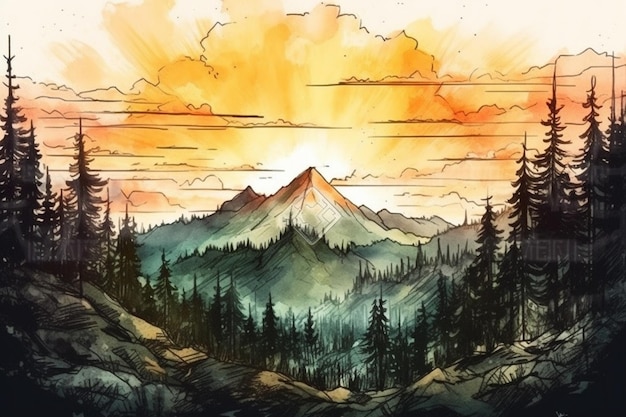 抽象的なカラフルな山と森の風景を水彩絵画の背景に描いた
