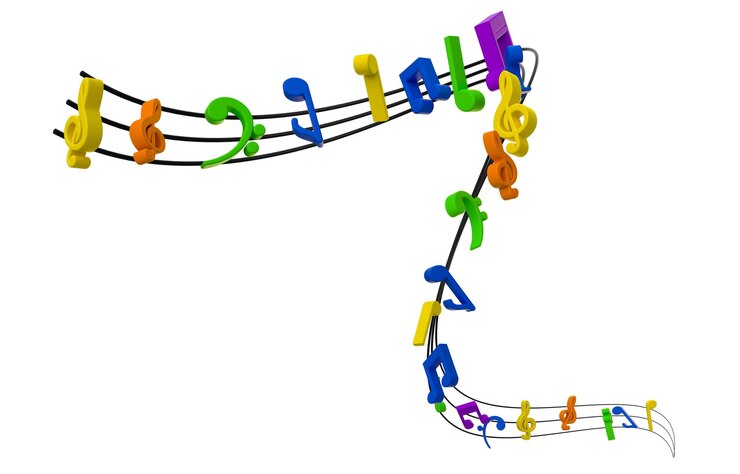 Abstract Colorful music notes on line wave background Black Gclef and music notes 3d illustration