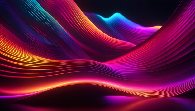 빛나는 선과 파도를 가진 추상적인 다채로운 네온 배경 3D 렌더링  ⁇ 터 일러스트레이션