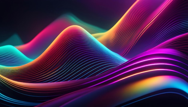 Abstract colorful neon background with glowing lines and waves 3D rendering Vector illustration