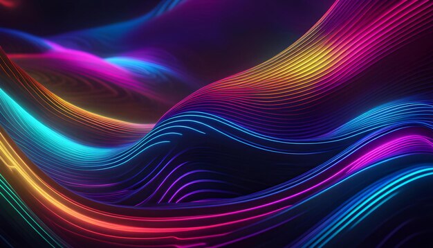 Abstract colorful neon background with glowing lines and waves 3D rendering Vector illustration