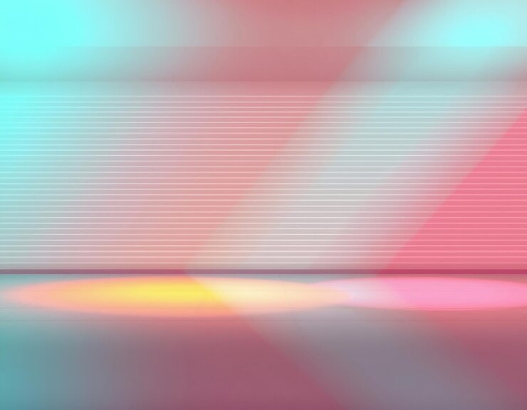Abstract colorful neon lights illuminate a room with a white striped wall creating a modern minimali