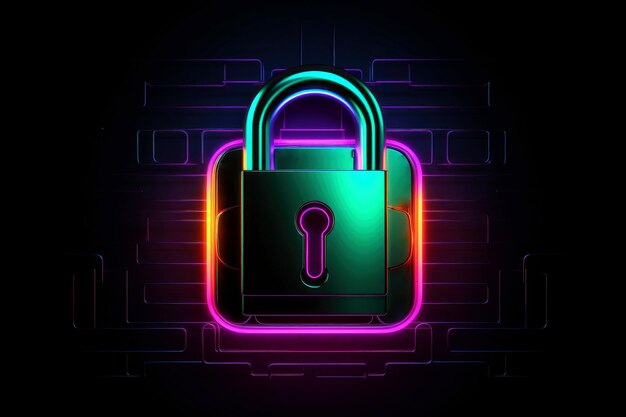 Abstract colorful neon padlock on black background Generative AI